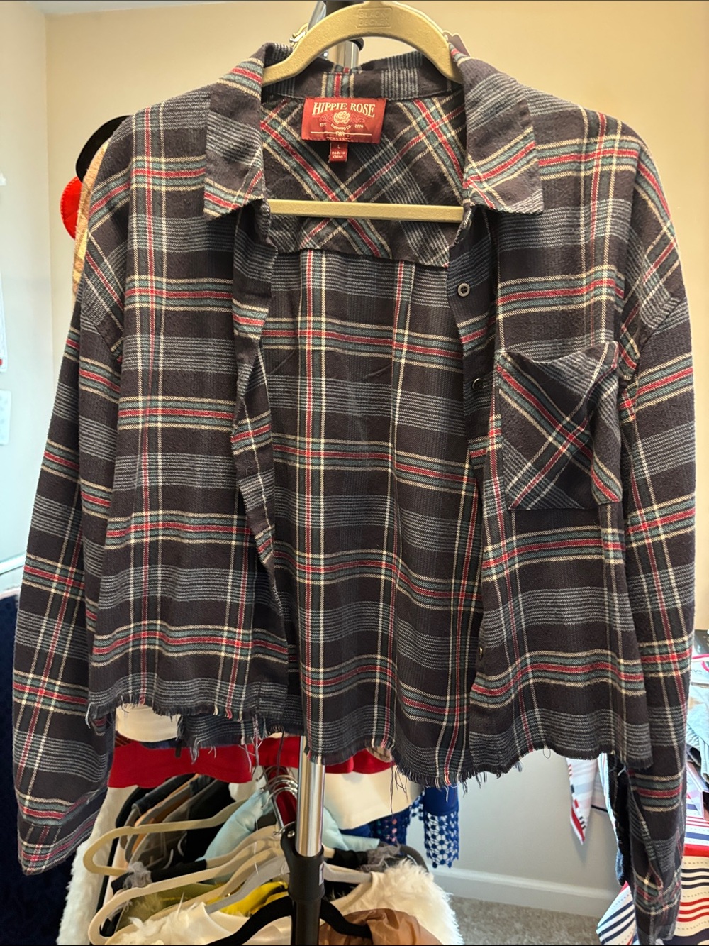 Hippie Rose Blue and Pink Plaid Button-Front Flannel Crop-Top